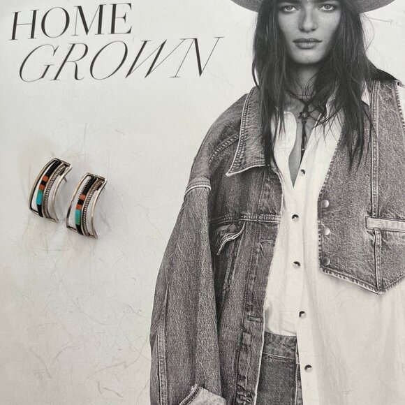 Vintage NATIVE AMERICAN Sterling Silver, Turquoise, Coral & Onyx Huggie Earrings - Picture 7 of 8